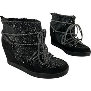 Women's Black Glitter Juicy Couture Mareen Faux Fur Lined Lace Up Wedge Boots 8M